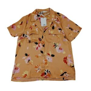 DR2 Daniel Rainn Tan Floral Satin Button Down Blouse Short Sleeve Size L